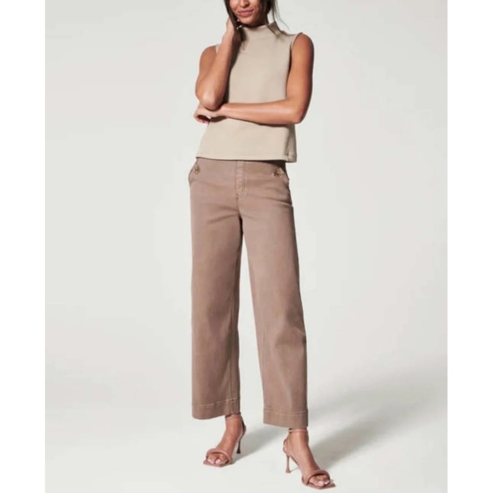 Spanx Wide Leg Crop Pants Womens M Taupe Brown Stretch Twill Quiet Luxury Chic